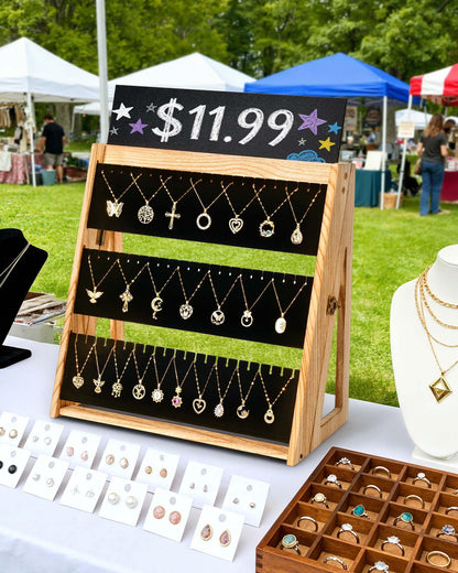 Bulado Necklace Display for Vendors, Foldable Necklace Holder with 66 Slots, 3 Tier Jewelry Display for Selling, Wood Jewelry Storage Organizer Stand with Black Velvet for Craft Show