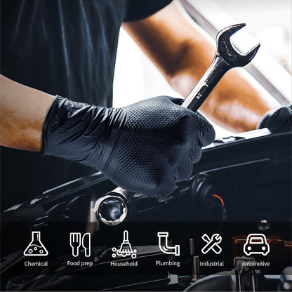 ANBOSON 10mil Nitrile-Gloves Disposable-Black Chemical-Resistant Rubber - Mechanic Gloves Heavy Duty, Latex Free, Diamond Grip (100, Large)