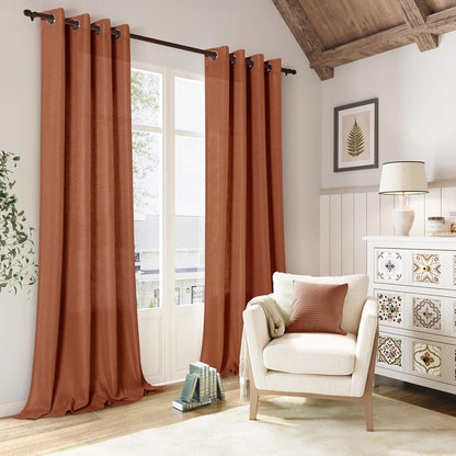Terracotta Linen Curtains 90 Inch Length, 2 Panels Boho Farmhouse Drapes, Light Filtering Rust Orange Red Semi Sheer