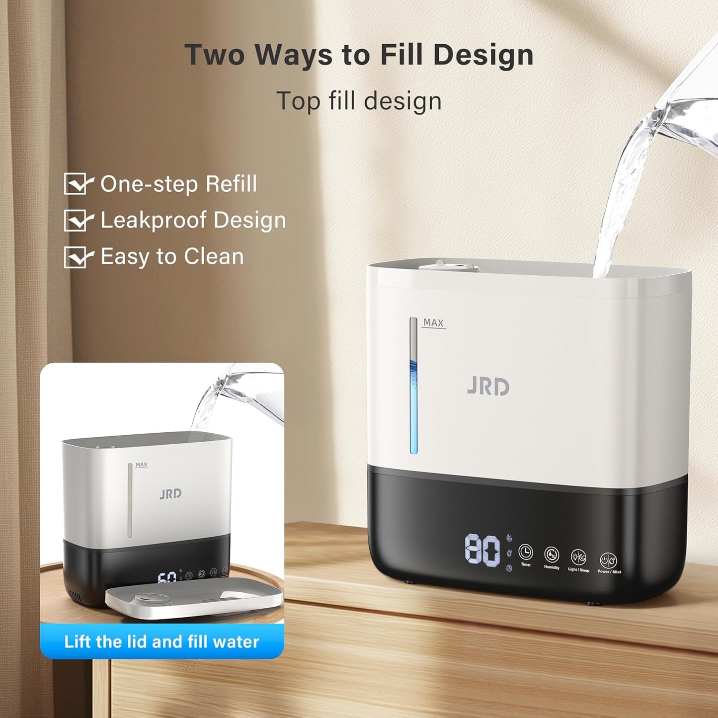 4L 40H 12H 360 Nozzle, 7-Color JRD Humidifiers for Bedroom, Ultrasonic Humidifier for Large Room, Cool Mist Top-Fill