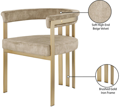 Meridian Furniture 595Beige-C Marcello Collection Modern | Contemporary Velvet Upholstered Dining Chair with Brushed Brass Iron Frame, 23.5" W x 21.75" D x 27.75" H, Beige, Set of 2