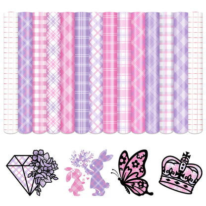 Tintnut Plaid Permanent Adhesive Vinyl - 12 Sheets 12''x10'' Pink Purple Plaid Pattern Vinyl for Cutting Machines, Waterproof Vinyl for DIY Crafts & Personalized Gifts