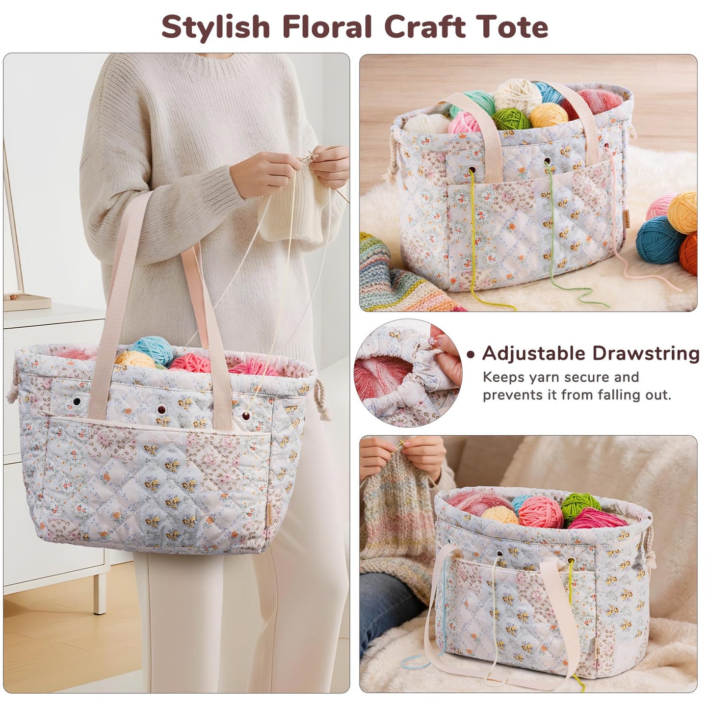 MYBAGZING Portable Crochet Bag Organizer with Crochet Hook Organizer Roll, Quilted Yarn Storage Tote with Grommets, Knitting Project Bag for Yarn & Accessories, Floral Craft Tote Gift for Crocheters