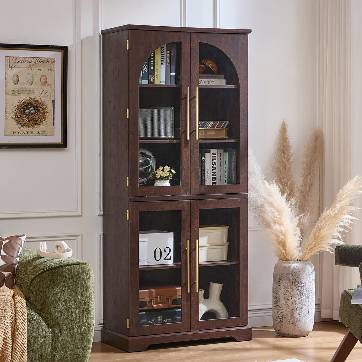 Joaxswe 72" Tall Bookshelf Set of 2, Farmhouse Bookcase with 3-Tier Adjustable Shelves, Modern Living Room Display Cabinet with Glass Doors, Large Storage Cabinet for Home Office,Dining Room, Walnut