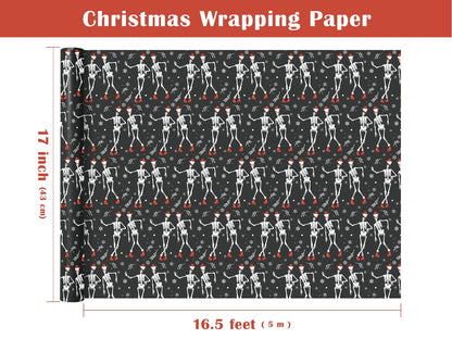 WRAPAHOLIC Funny Christmas Wrapping Paper - Mini Roll - 17 Inch x 16.5 Feet - Dancing Skeleton Wrapping Paper for Christmas Holiday, Party Celebration