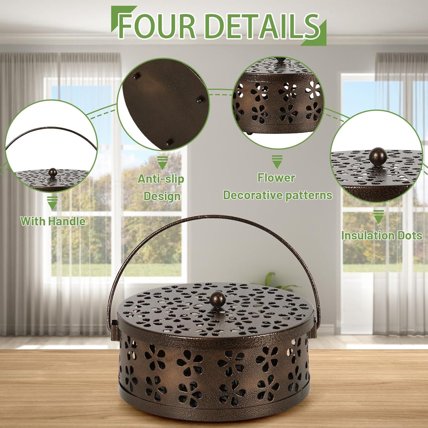 Portable Iron Mosquito Coil Holder with Handle, Round Heat-Resistant Incense Holder (Bronze)