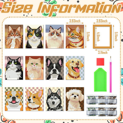 Saillong 24 Pcs Small Diamond Painting Kits Set Mini Diamond Art Set for Beginners, Full Paint Art 1-Hour Painting for Home Decor Desktop, 5.12x3.94 Inches(Cat and Dog)