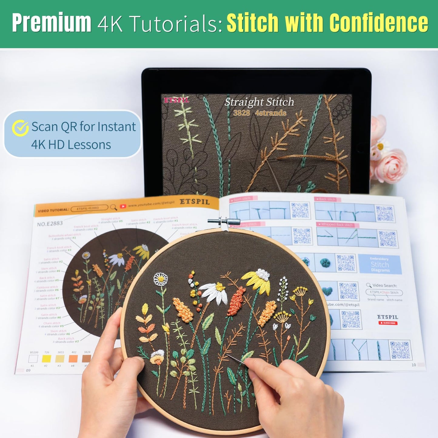 ETSPIL Embroidery Kit for Adults, 4 Pre-Printed Floral Patterns & 2 Hoops, Learn 33 Stitches via 4K HD Videos, Magnetic Needle Minder Included, Beginner-Friendly DIY Gift for Women