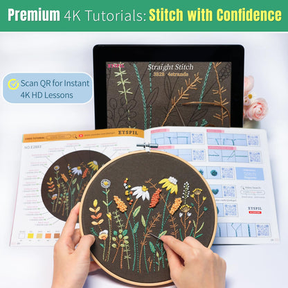 ETSPIL Embroidery Kit for Adults, 4 Pre-Printed Floral Patterns & 2 Hoops, Learn 33 Stitches via 4K HD Videos, Magnetic Needle Minder Included, Beginner-Friendly DIY Gift for Women