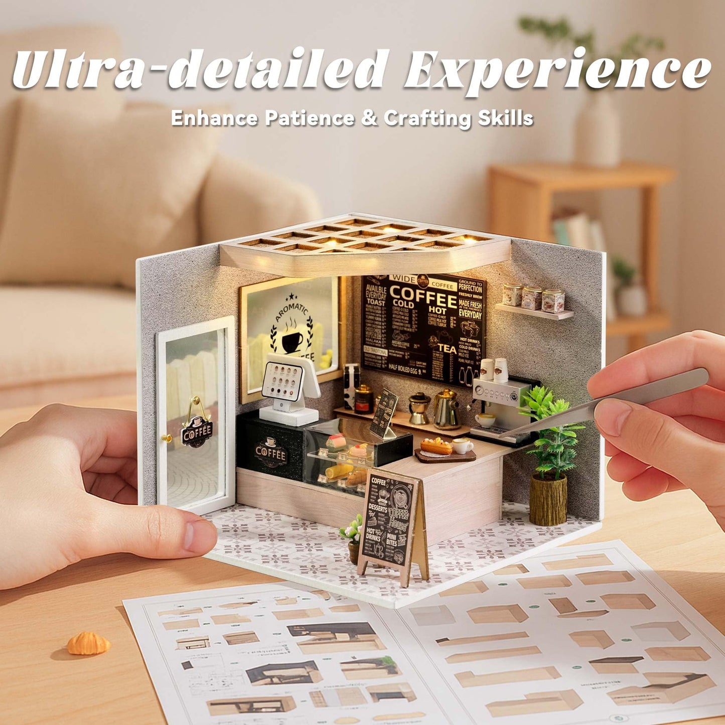 Flever DIY Miniature House Kit, Tiny Home Kit with LED Light, Mini House Build Craft Kits for Adults and Teens, Home Decor Creative Gift for Family/Friends (Leisurely Coffee Shop)