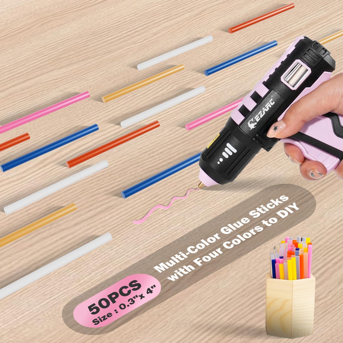 EZARC Cordless Hot Glue Gun, 15s Fast Heating 12V Mini Glue Gun for DIY Crafts, Home Repairs, School Projects, Decorations, with 50 Mini Glue Sticks, Pink