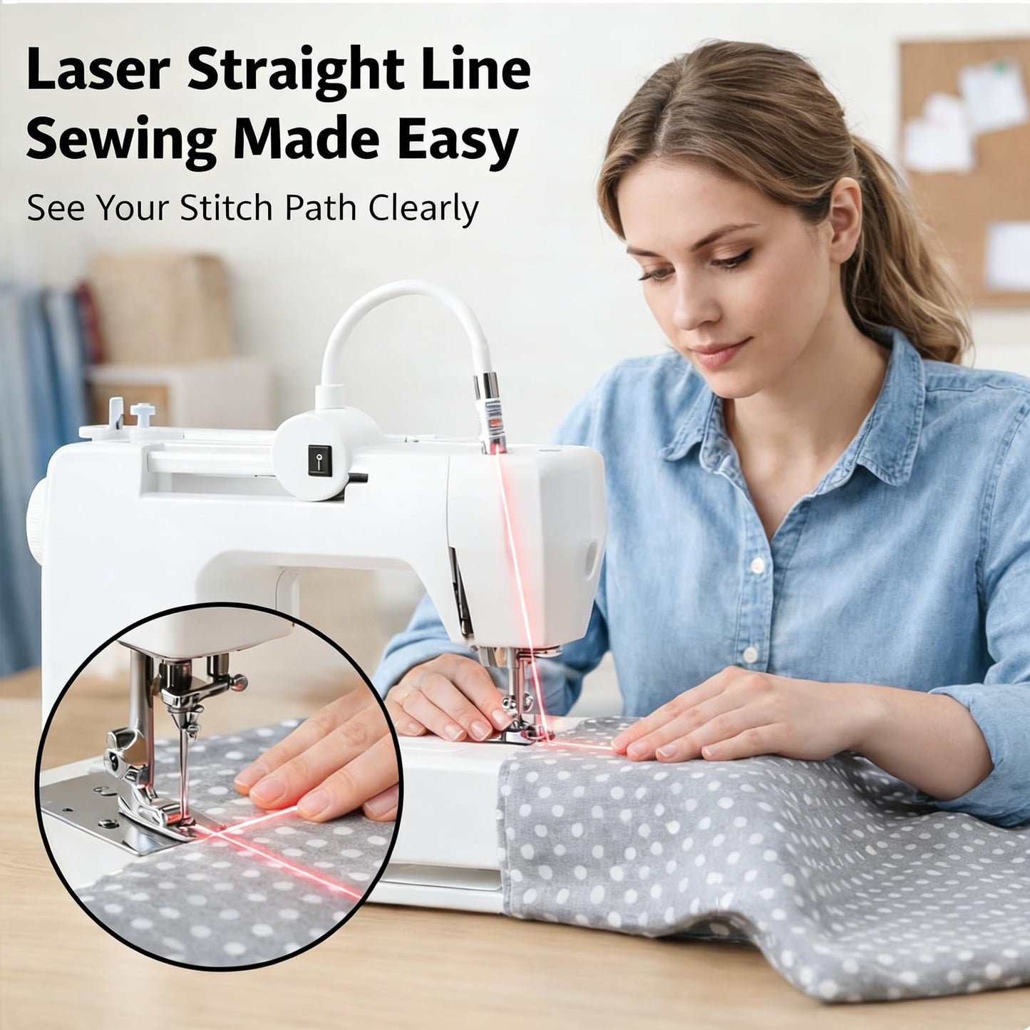 Magnetic Sewing Machine Light - Red Cross-Line Seam Guide with Strong Magnetic Base, Flexible Gooseneck Arm & USB Power, Hands-Free Precision Quilting Light for Straight Stitching