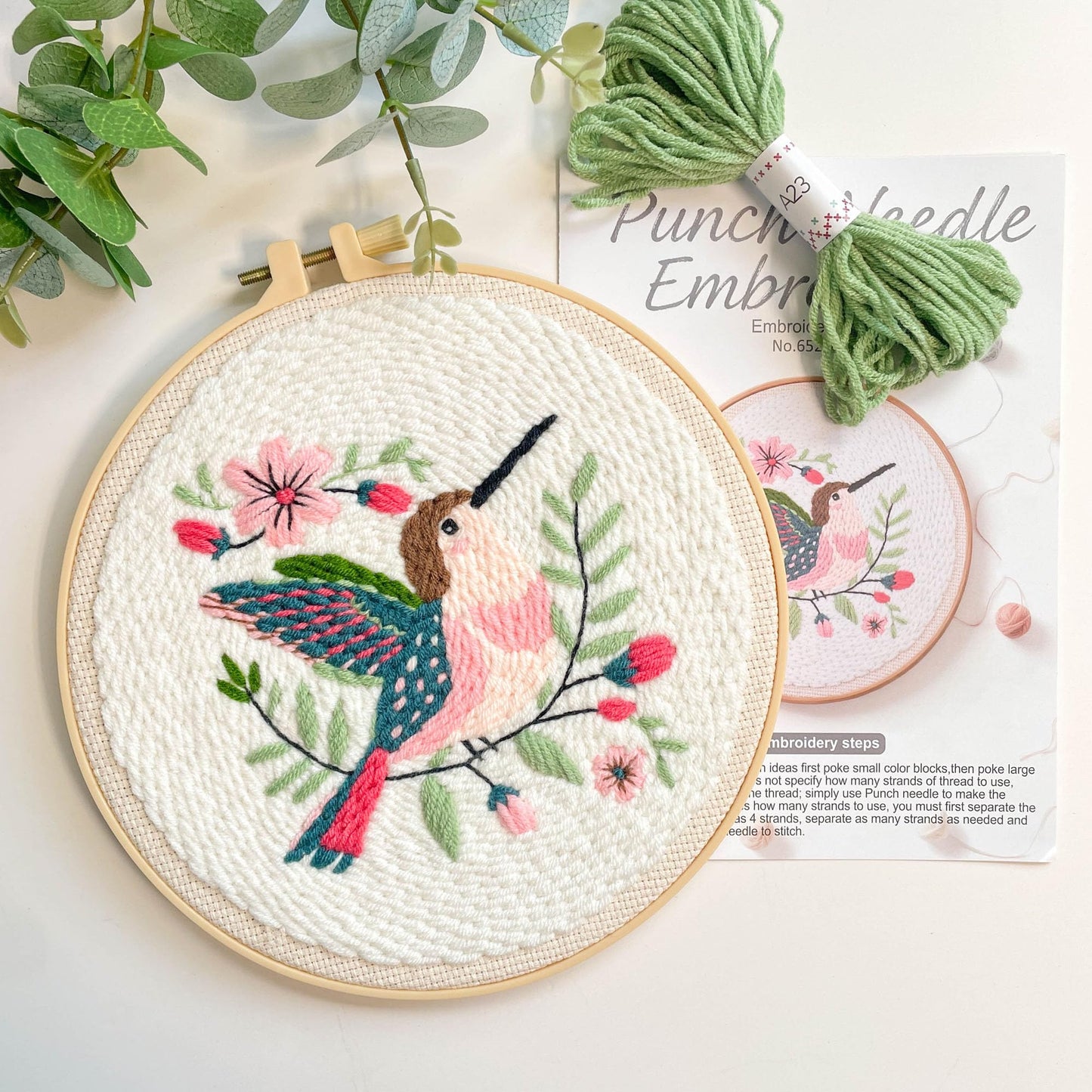 Myfelicity Punch Needle Embroidery Kit, Beginner Craft Set with Animal Pattern Design, 7.9 Inch Hoop (Hummingbird)