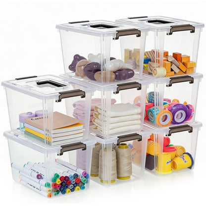 Citylife 8 Packs 6 QT Plastic Storage Bins with Latching Lids Clear Storage Box with handle Stackable Storage Containers for Organizing Snacks, Crafts, Toys, Tools
