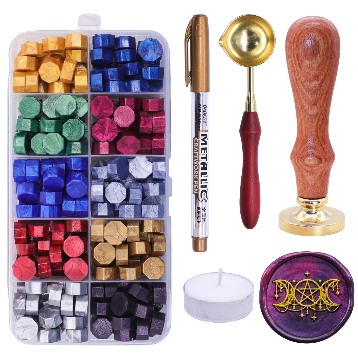 SWANGSA Triple Moon Goddess Wax Seal Stamp Kit with 200pcs Sealing Wax Beads, Great for Embellishment of Invitations, Wine Packages, Gift Idea