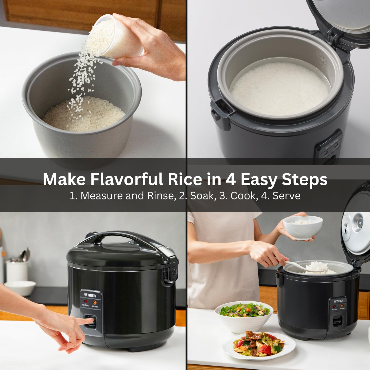 Tiger JNP-S18U-KY 10 Cup Capacity White Rice Cooker with Non-Stick Inner Pot, Retractable Power Cord, and Keep Warm up to 12 hours (Obsidian Black)
