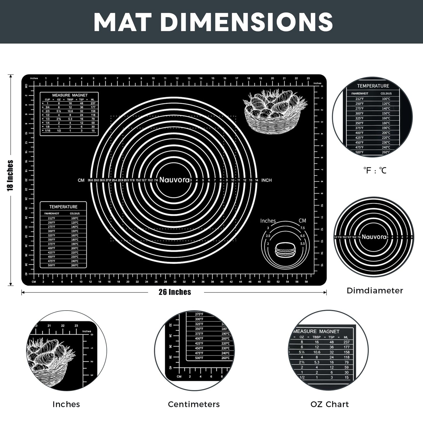 Nauvora Extra Large Baking Mat - 26" Silicone Pastry Mat, Reusable Non-Stick Dough Mat with Measurement for Fondant, Rolling Dough, Pie Crust, Pizza and Cookies, Black