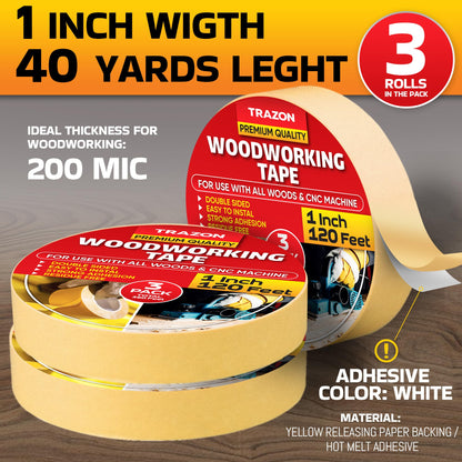 Trazon Double Sided Woodworking Tape Super Strong, 3 Pack, 1 Inch x 120 Feet, Wood Crafter Sticky Tool, Two Side Adhesive for Router Templates and CNC Machine, Removable & Residue Free
