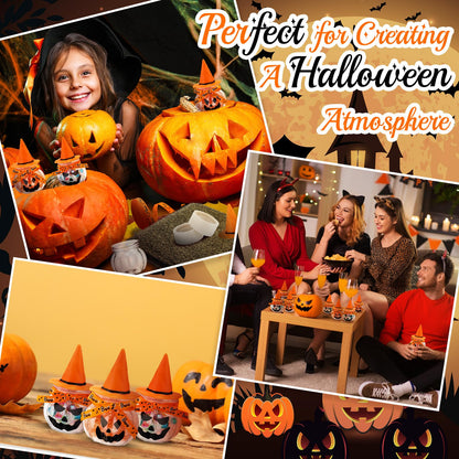 Acellegic 16 Sets Halloween Pumpkin Candy Jars Halloween DIY Craft Pumpkin Party Favors Trick or Treat Kit Plastic Cookie Candy Jars with Lids Witch Hat Stickers Mesh Ribbon Glue Decoration(Orange)