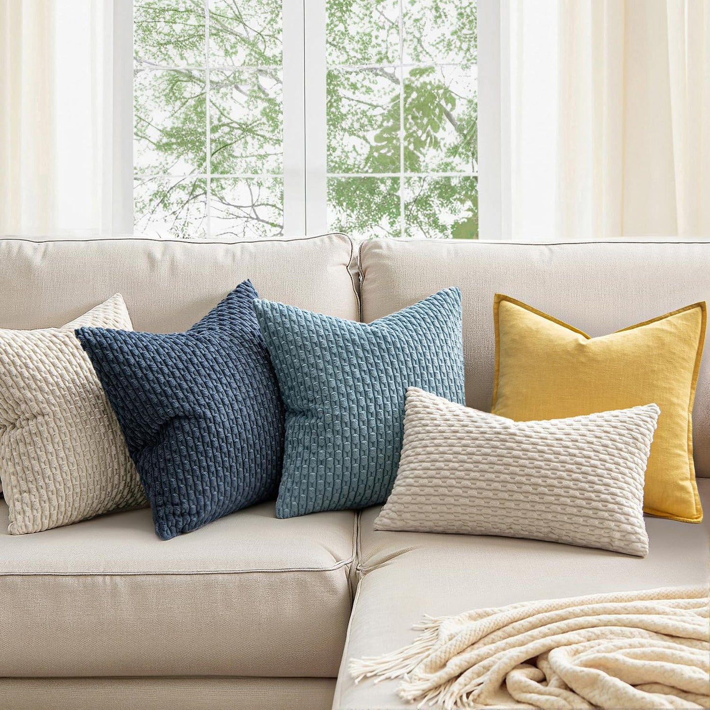 MIULEE Decorative Throw Pillow Covers - Soft Boho Striped Textured Corduroy | 18x18 Inch, Cream White