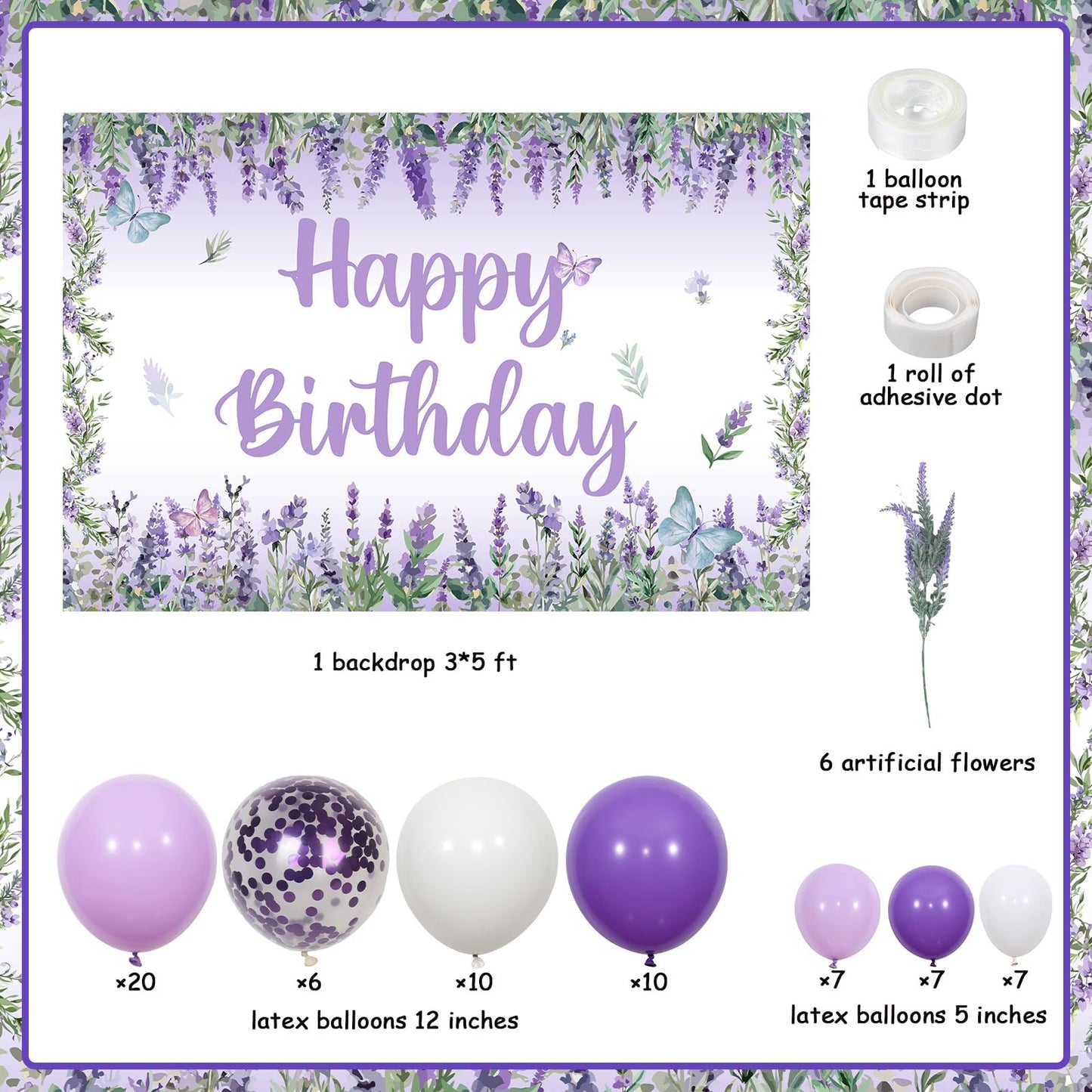 JOYMEMO Lavender Birthday Balloons Arch Kit, Purple Lavender Floral Butterfly Happy Birthday Backdrop Banner Artificial Flowers Decorations for Girls Women Bday Party Decor Supplies