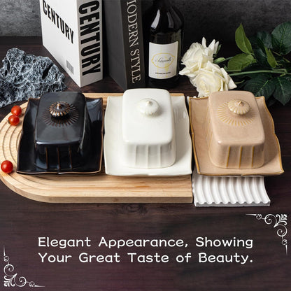 Countertop, 7.5 Inch Butter Dish with Lid for Large Ceramics Butter Dish Container, Butter Holder with Handle, Black