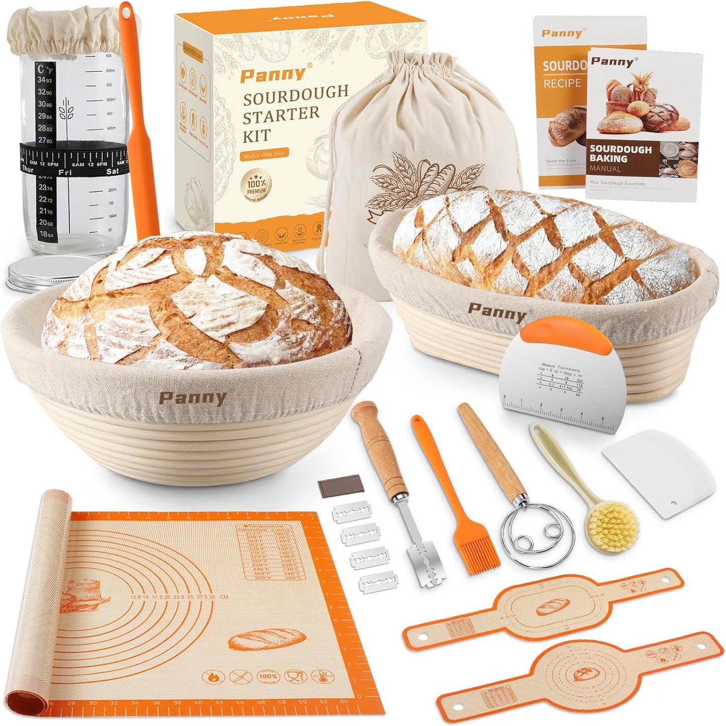 9" 10" Panny Sourdough Starter Kit, Banneton Bread Proofing Basket with Glass Sour Dough Starter Jar, Sourdough Bread