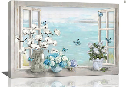 Cotton Hydrangea Bathroom Wall Art - Farmhouse Flower Butterfly Pictures, Framed Artwork for Bathroom