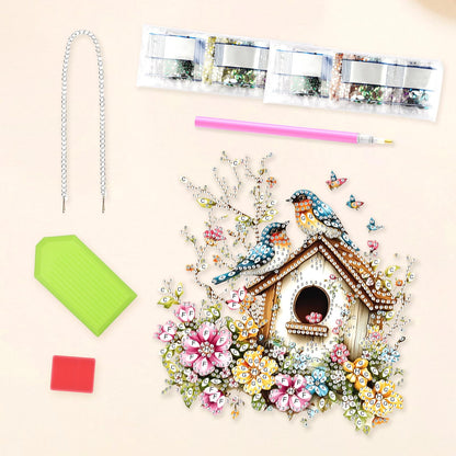 Lxmsja DIY Colorful Birdhouse Diamond Painting Hanging Ornament, Double-Sided Acrylic Flowers Branches Diamond Art Kit, Special Shaped Suncatcher Hanging Pendant Window Art Kit 8x7 inch