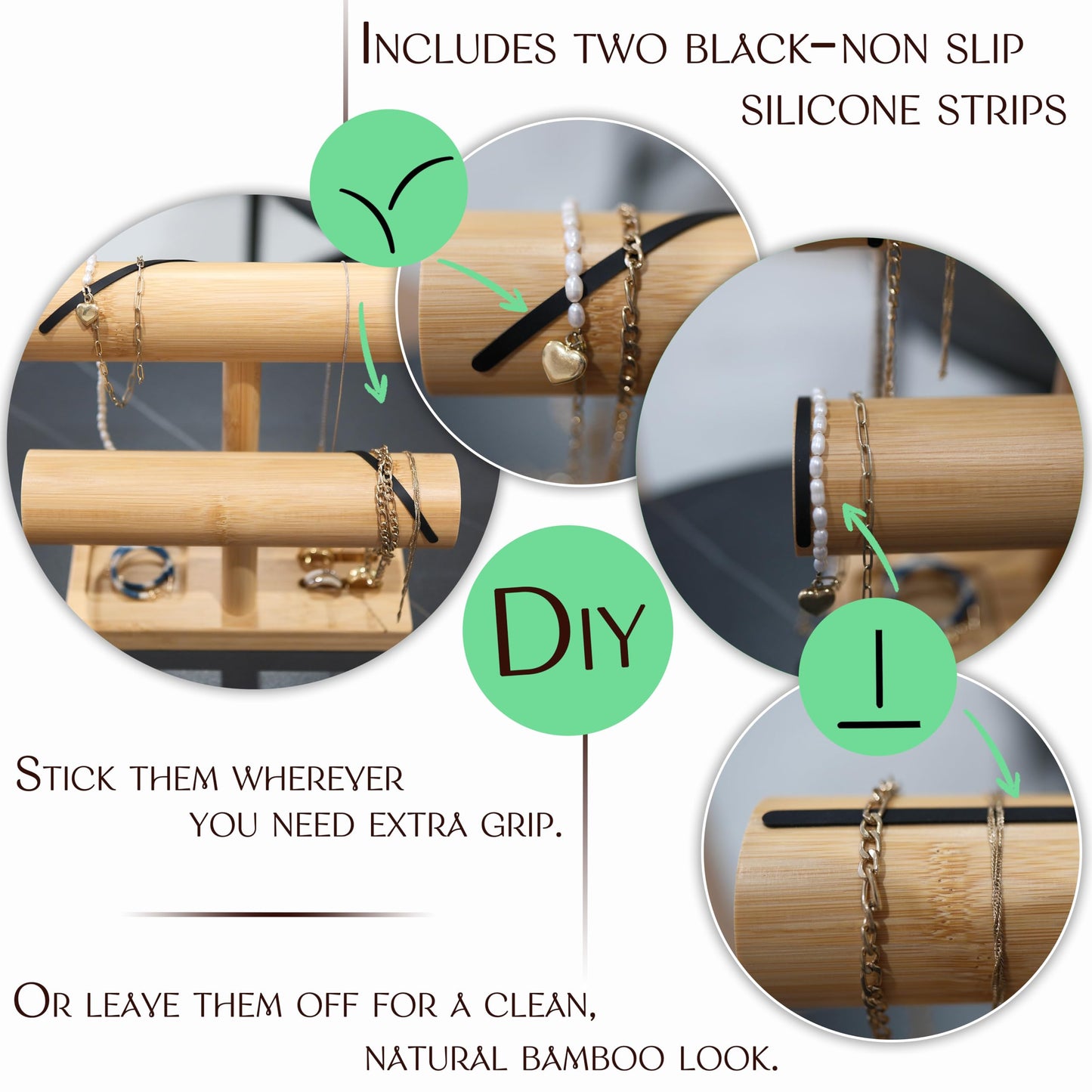LED Bamboo Jewelry Organizer Stand - Bracelet Holder, Jewelry Organizers and Storage for Necklace, Watch, Earring, Ring - Built-in LED Light Natural Wooden Jewelry Display Stand for Dresser Decor