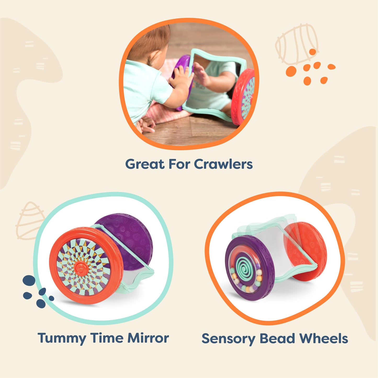 B. toys – Baby Toys Mirror with Rolling Sensory Wheels – Interactive Roly– Poly Mirror for Tummy Time & Crawling – Early Learning for Infant Development – 0+ Months