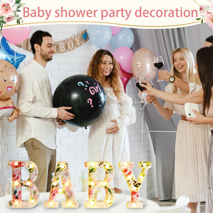 Realspring Woodland Greenery Centerpieces Baby Marquee Light up Sign Letters 8.15'' Baby Shower Letter Battery Operated Gender Reveal Birthday Party Decor for Home Table(Pink)