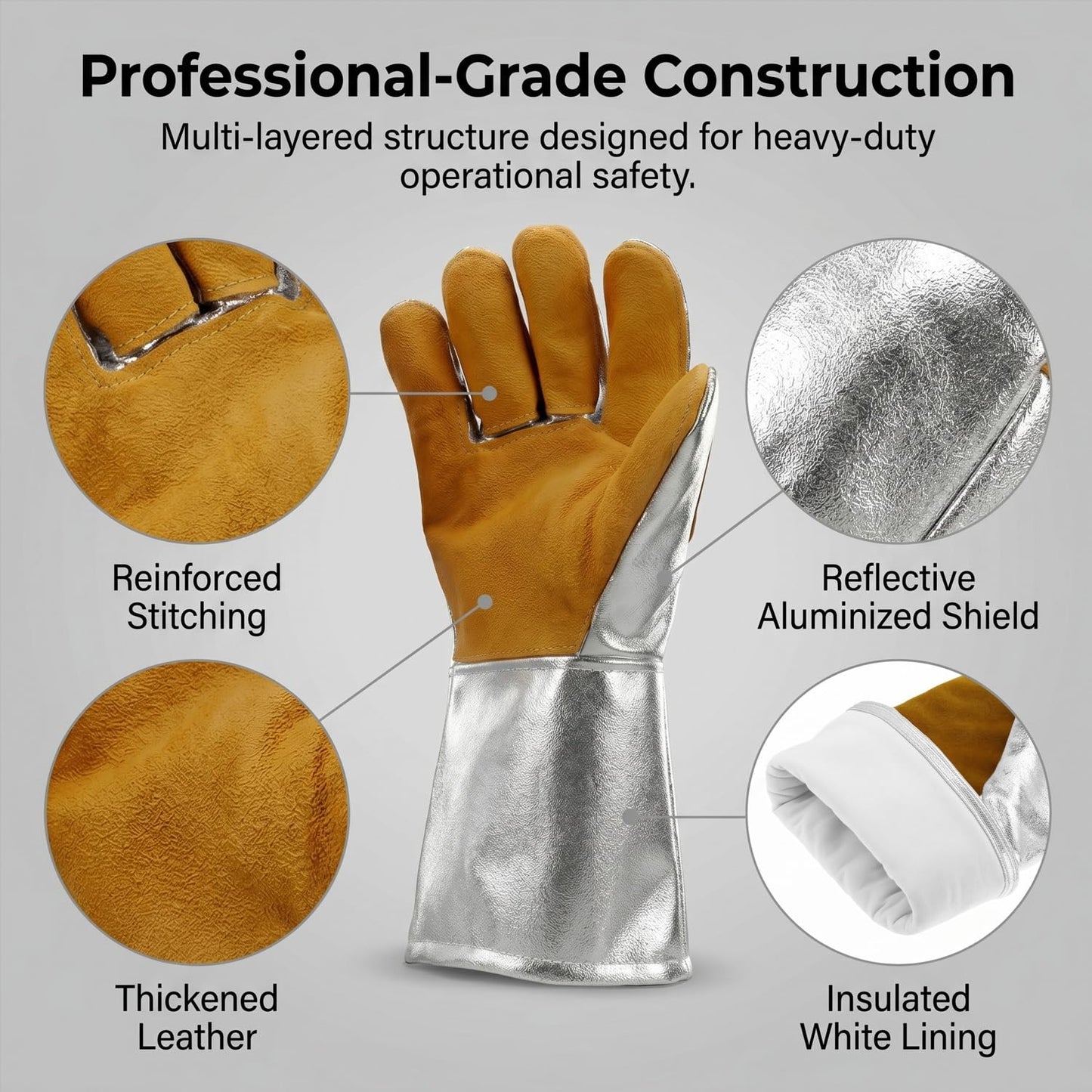 QWORK High Temperature Aluminized Welding Gloves, 14-Inch Heat Resistant Safety Workwear for Smelting & Metal Industries, 972°F Resistance