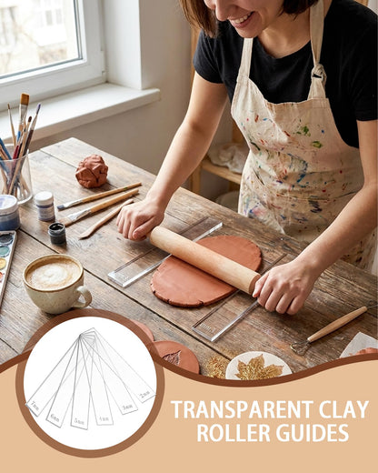Clay Tools Set for Polymer & Air Dry Clay, Rolling Pin with Thickness Rings (2/3/4/5/6/7 mm), Acrylic Roller Guides, Slab Roller Guides & Thickness Bars for Pottery & Crafting (12 Pieces)