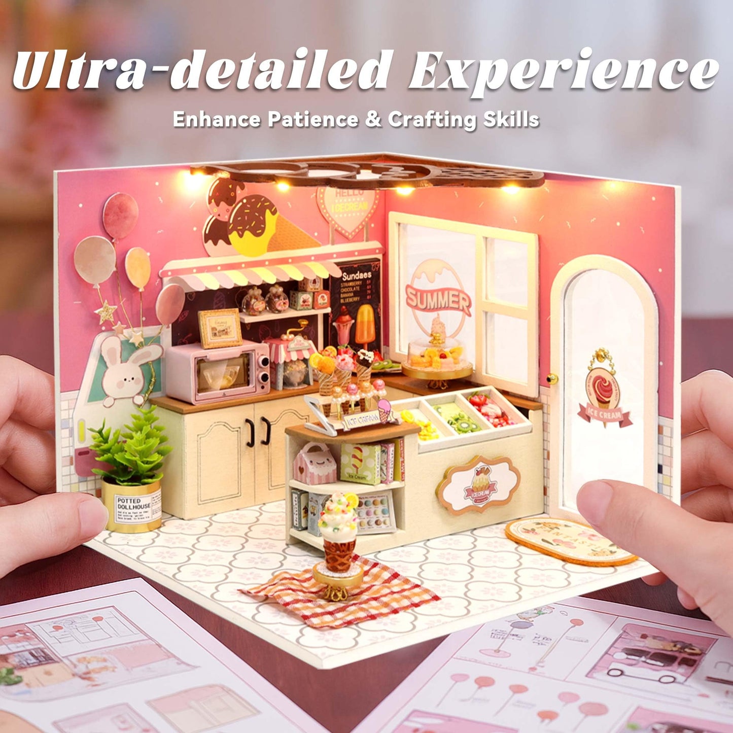 Flever DIY Miniature House Kit, Tiny Home Kit with LED Light, Mini House Build Craft Kits for Adults and Teens, Home Decor Creative Gift for Family/Friends (Happiness ice Cream Shop)