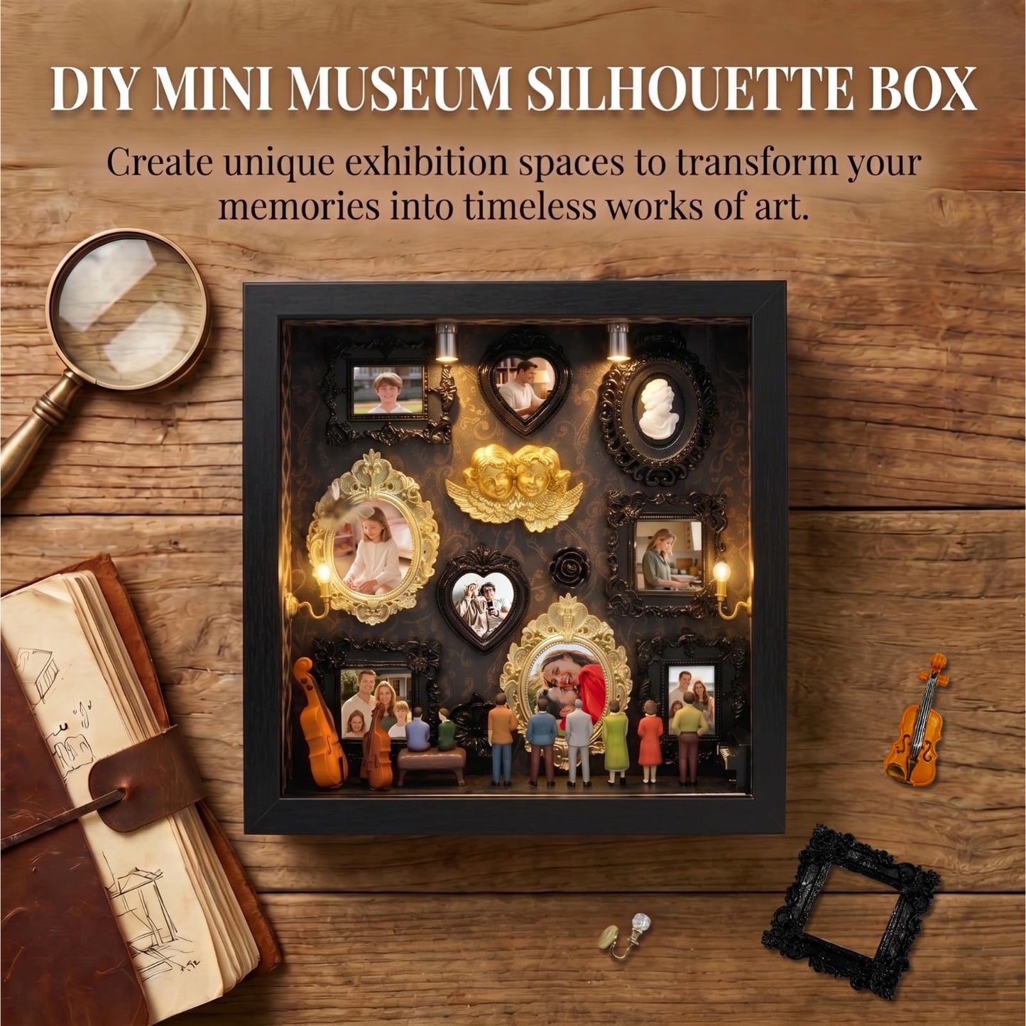 YXESO DIY Mini Museum Silhouette Box for Mother's Day, Shadow Box Frame with Gold Mini Picture Frames & People Figurines for Anniversary, Home Decor