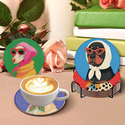 8 Pcs Dog Diamond Painting Coasters Kits with Holder,Dog Wearing Glasses Diamond Art Coasters with Wooden Pad,DIY Round Drill Rhinestone Painting Art Kit Craft for Adults Supplies Gift 4X4 Inch.