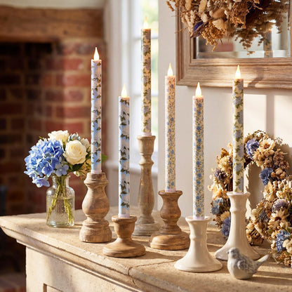 Lyrow 6 Pcs Blue Floral Flameless Taper Candles 11 Inch Hydrangea Flameless Candles Real Wax LED Candle Flickering Battery Operated Candlesticks for Wedding Anniversary Summer Gifts