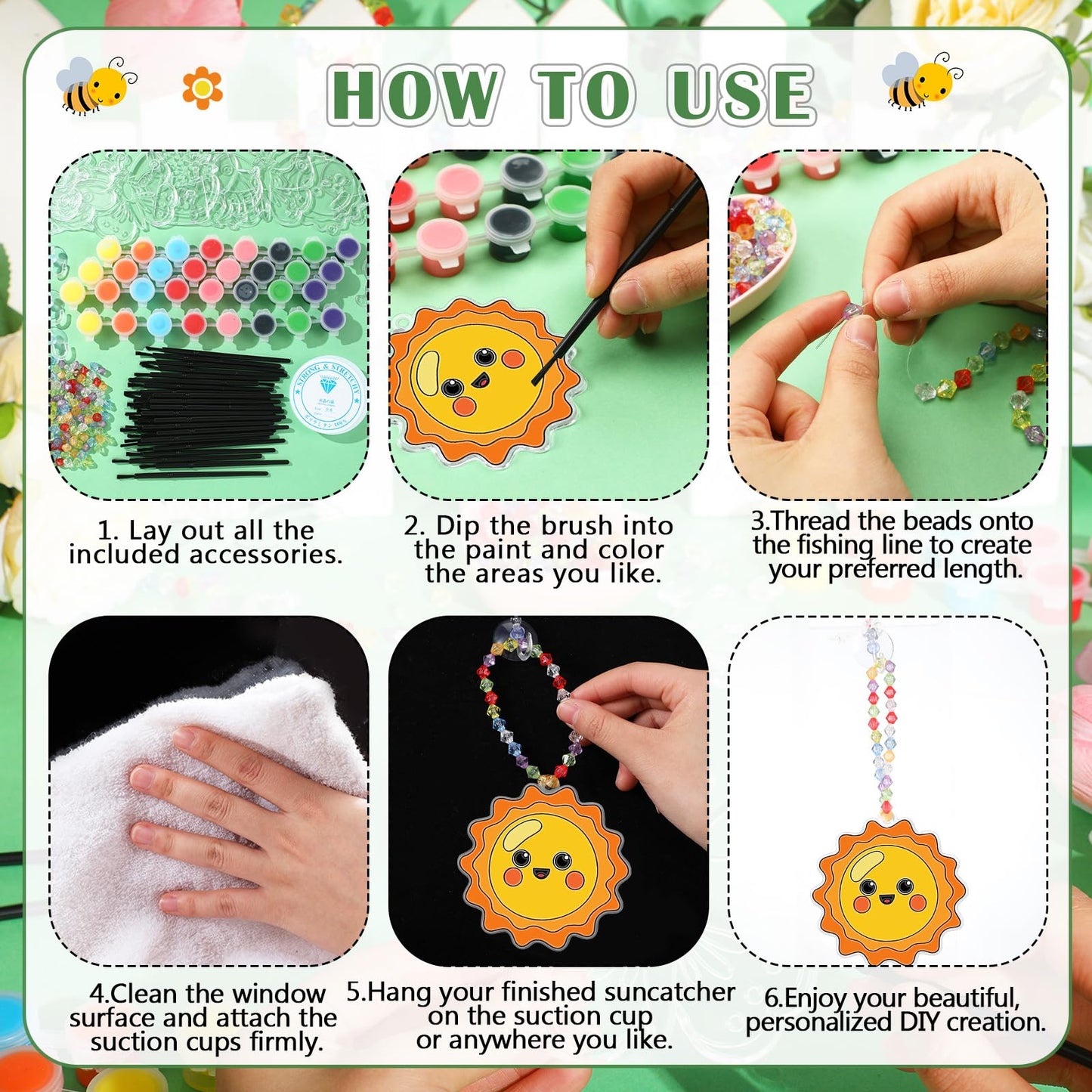 Beeveer 30 Sets Summer Suncatchers Craft DIY Summer Stained Glass Kit Paint Your Own Flower Butterfly Bee Window Art Ornaments for Easter Activities Party Favor