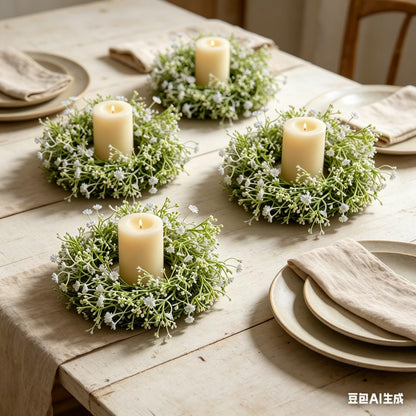 6 Pcs Mini Baby Breath Candle Rings Wreaths Gypsophila Pillar Holder Wreath Artificial Flower Spring Summer Floral Wreath for Wedding Farmhouse Porch Cabinets Table Decoration