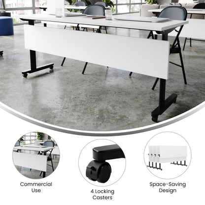 Flash Furniture Palmer Commercial Nesting Flip Training Table, Heavy-Duty Steel Frame and T-Legs, Modesty Panel, 1" Thick Tabletop, 72" x 24", White Top/Black Frame