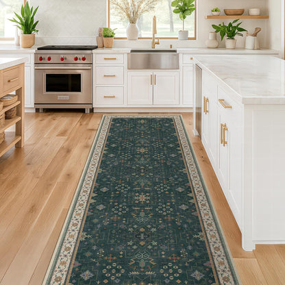 Regine Switzerland Dark Green Washable Runner Rug - 2'6"x10' Non-Skid Indoor Carpet for Hallway & Entryway