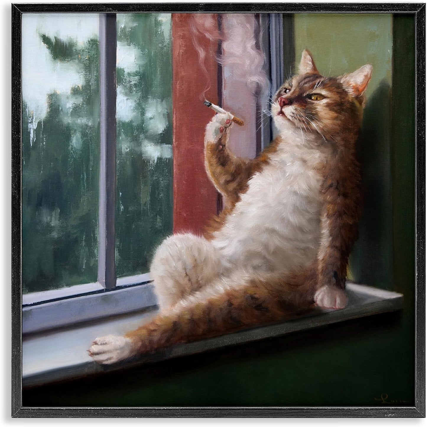 Stupell Industries Black Framed Wall Art, House Cat Smoking Lounging in Window Pane, 12x12, Brown