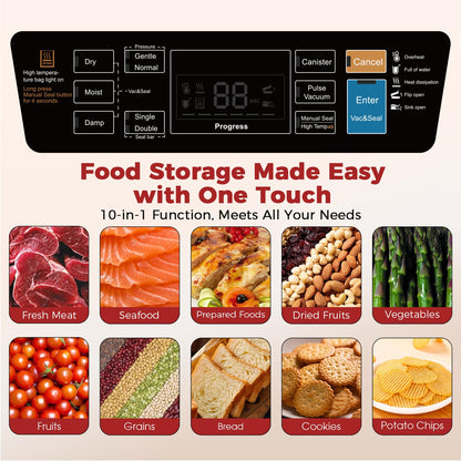 95KPa Vacuum Sealer Machine for Food, Automatic with Dual 12mm Heat Seal, 10-in-1 Modes, Built-in Cutter & Bag Storage, Includes 1 Roll and 10 Pre-Cut Bags