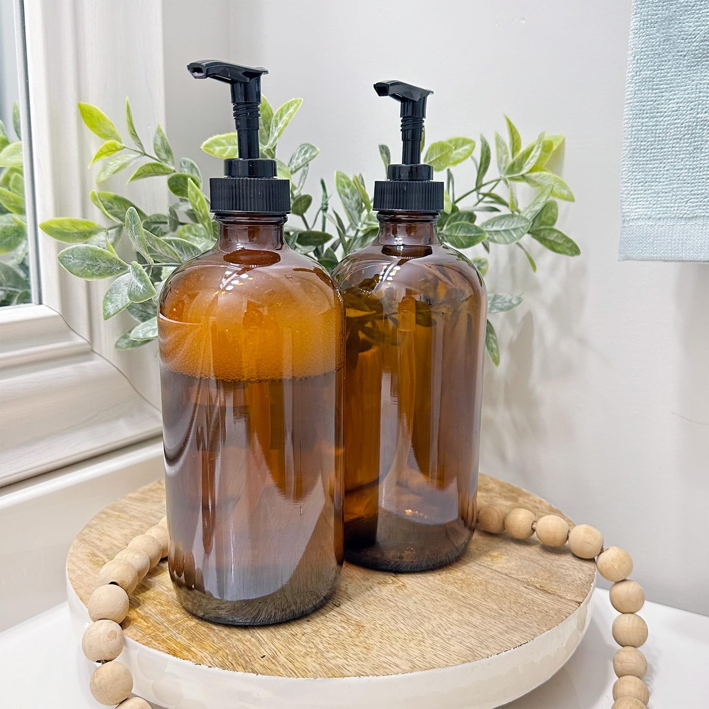 Cornucopia Brands 16oz Amber Glass Bottles w/ Pump Dispensers (2-Pack); Refillable Lotion Liquid Soap Pump Brown Bottles Labels, BPA-Free Plastic Tops