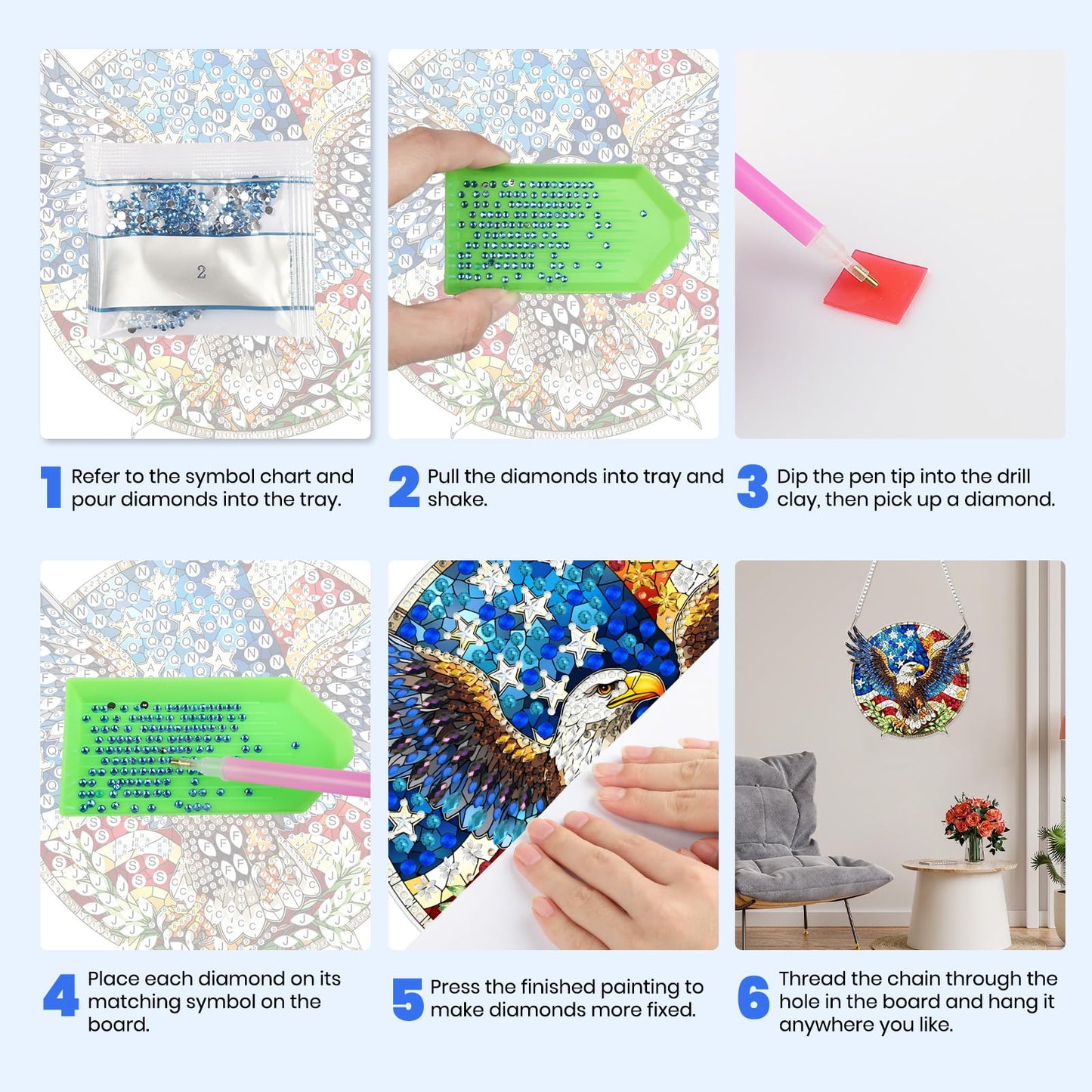 MXJSUA American Bald Eagle Diamond Painting Art Window Suncatchers, Diamond Art Kits for Adults Hanging Ornaments with Chain, 5D Special Shape Crystal Diamond Pendant Accessories for Decor Gift