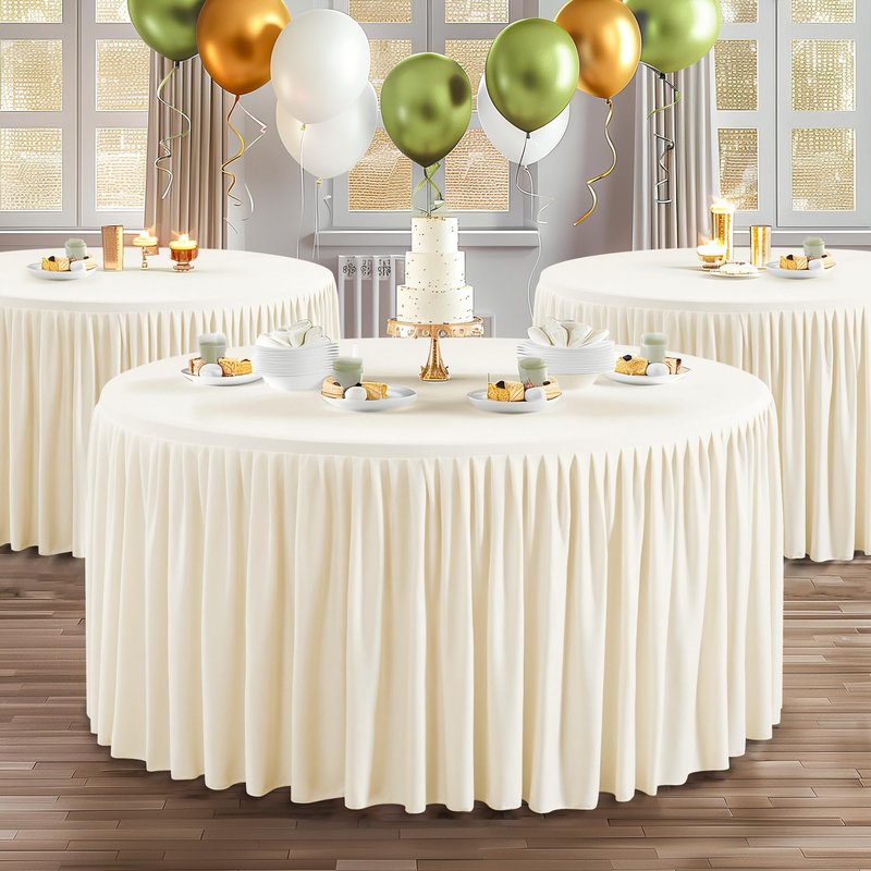 Wish Care 2 Packs 6FT Round Tablecloth 72Inch, Ivory Stretchy Fitted Table Cloths, Wrinkle Resistant Polyester Table Cover with Pleated Ruffle Skirt for Party, Wedding and Banquet Decoration