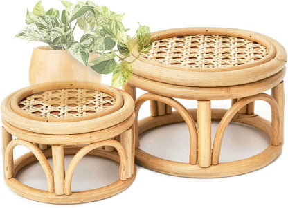 Set 2 of Small Boho Rattan Wicker Round Riser Plant Stand Indoor,Rustic Farmhouse Natural Wooden Circle Pedestal