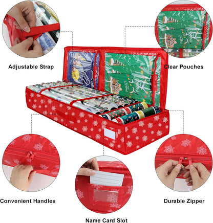 Christmas Wrapping Paper Storage Organizer, Heavy Duty Gift Wrap Bag with Pockets, Fits Holiday Accessories (Large)