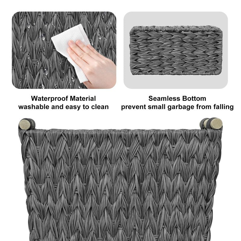 Coeusy Wicker Trash Can,6 Gallon Waterproof Bathroom Garbage Canwith Handle,Narrow Small Waste Basket for Bedroom,Office,Grey